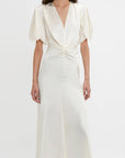 Victoria Beckham Ivory Gathered V Neck Midi Dress