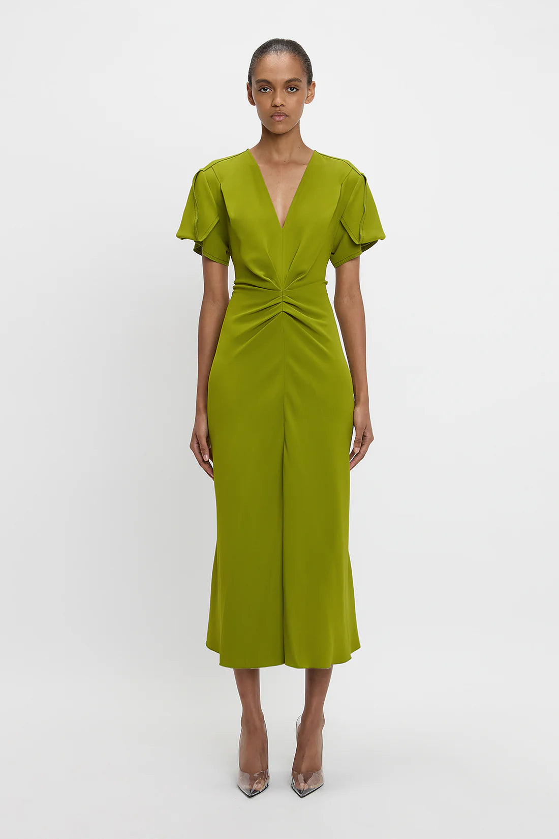 Victoria Beckham Gathered V Neck Midi Dress