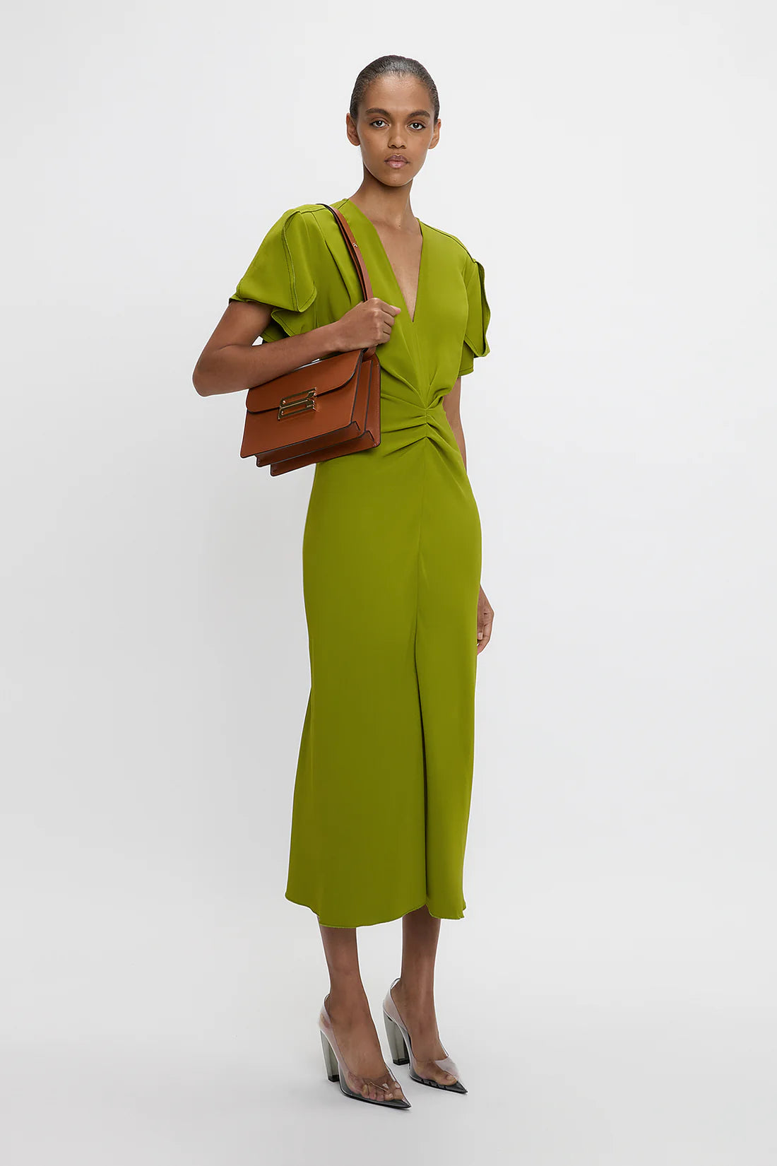 Victoria Beckham Gathered V Neck Midi Dress
