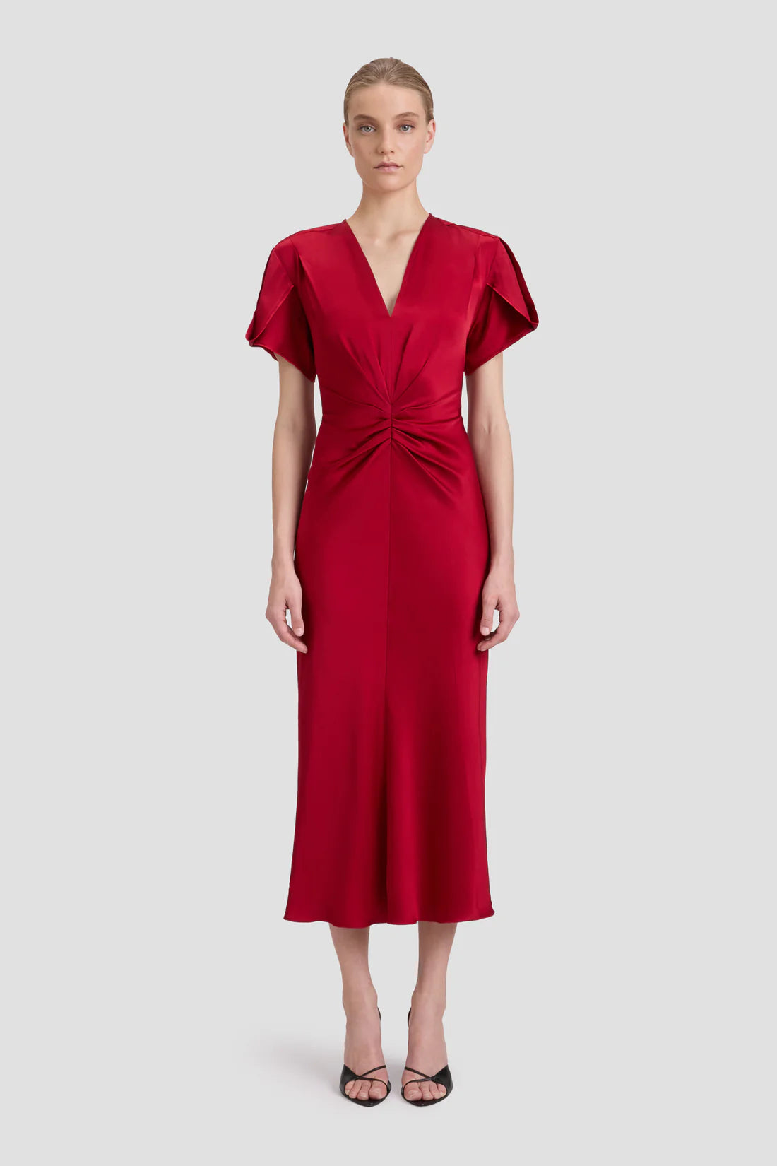 Victoria Beckham Gathered V Neck Midi Dress