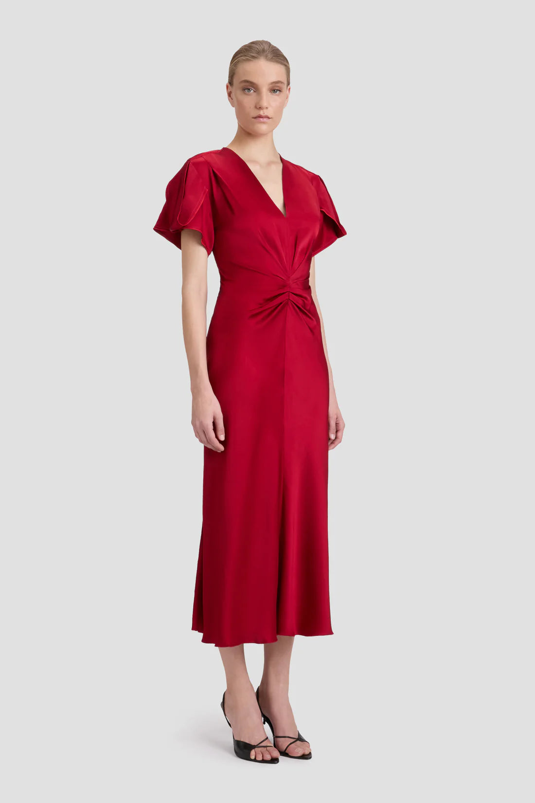 Victoria Beckham Gathered V Neck Midi Dress