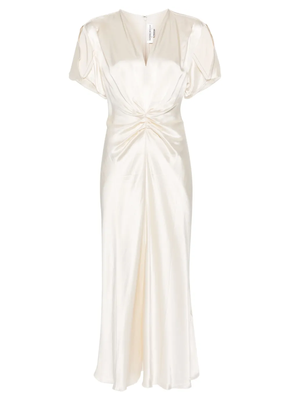 Victoria Beckham Ivory Gathered V Neck Midi Dress