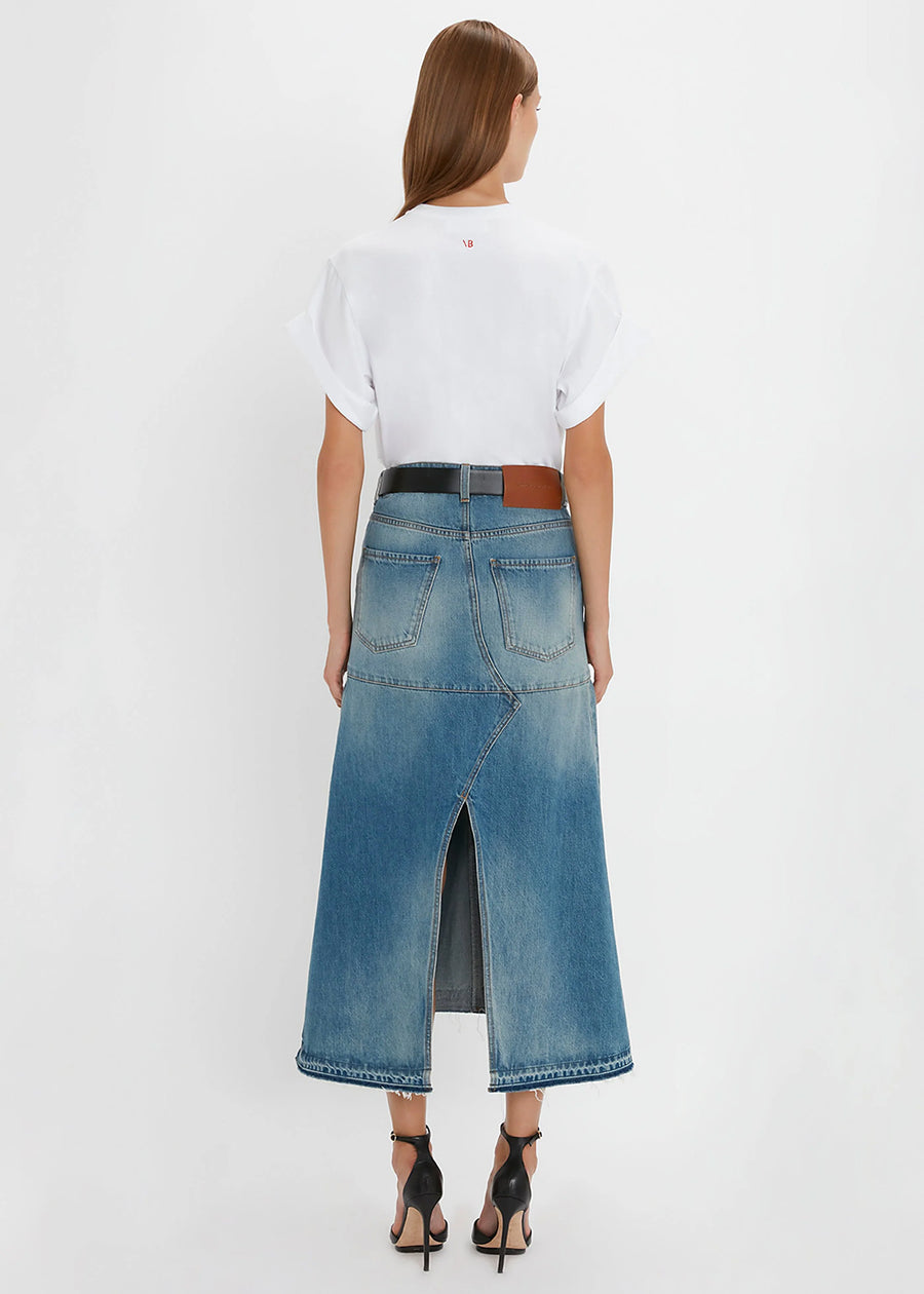 Victoria Beckham Fit & Flare Patched Denim Skirt