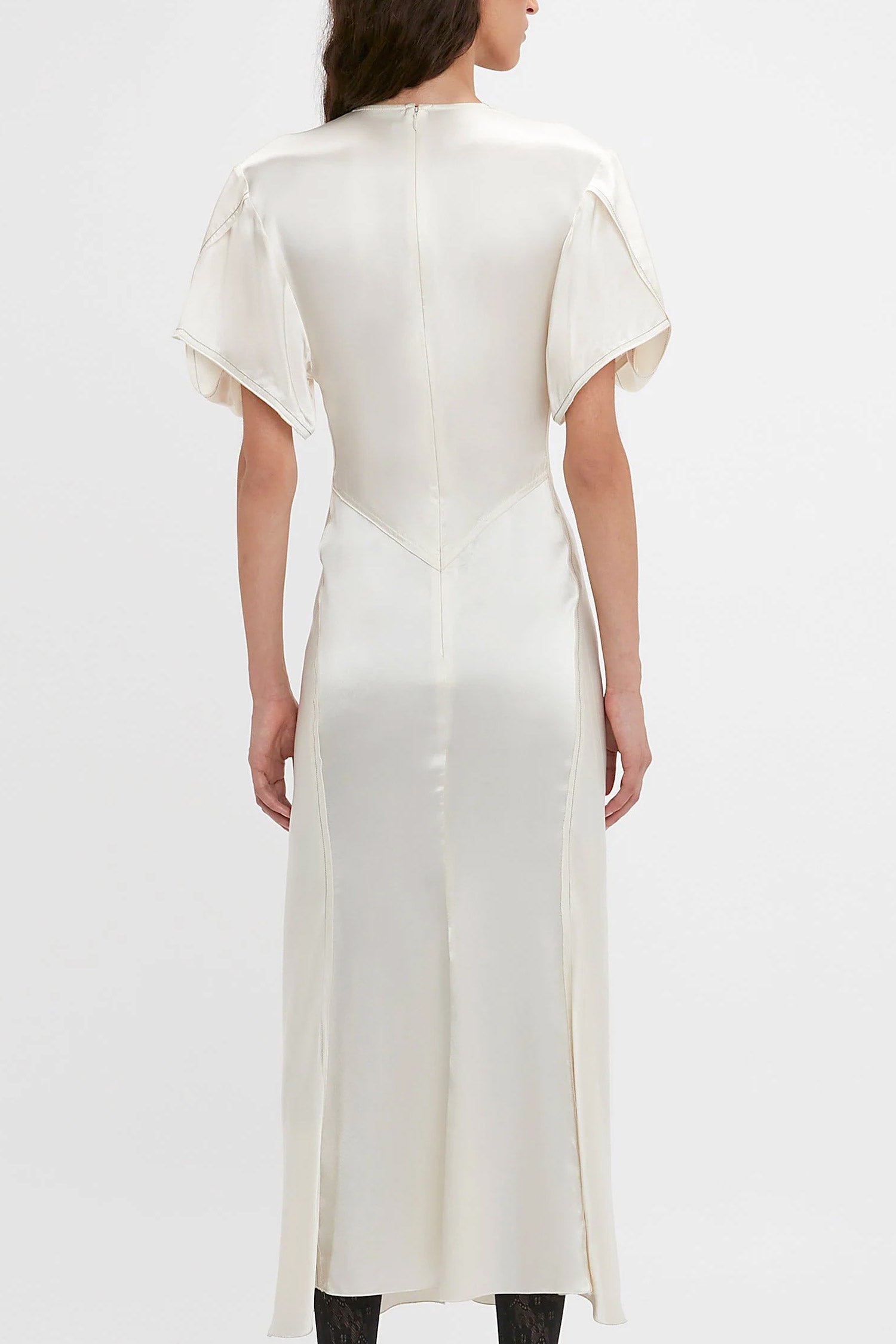 Victoria Beckham Ivory Gathered V Neck Midi Dress