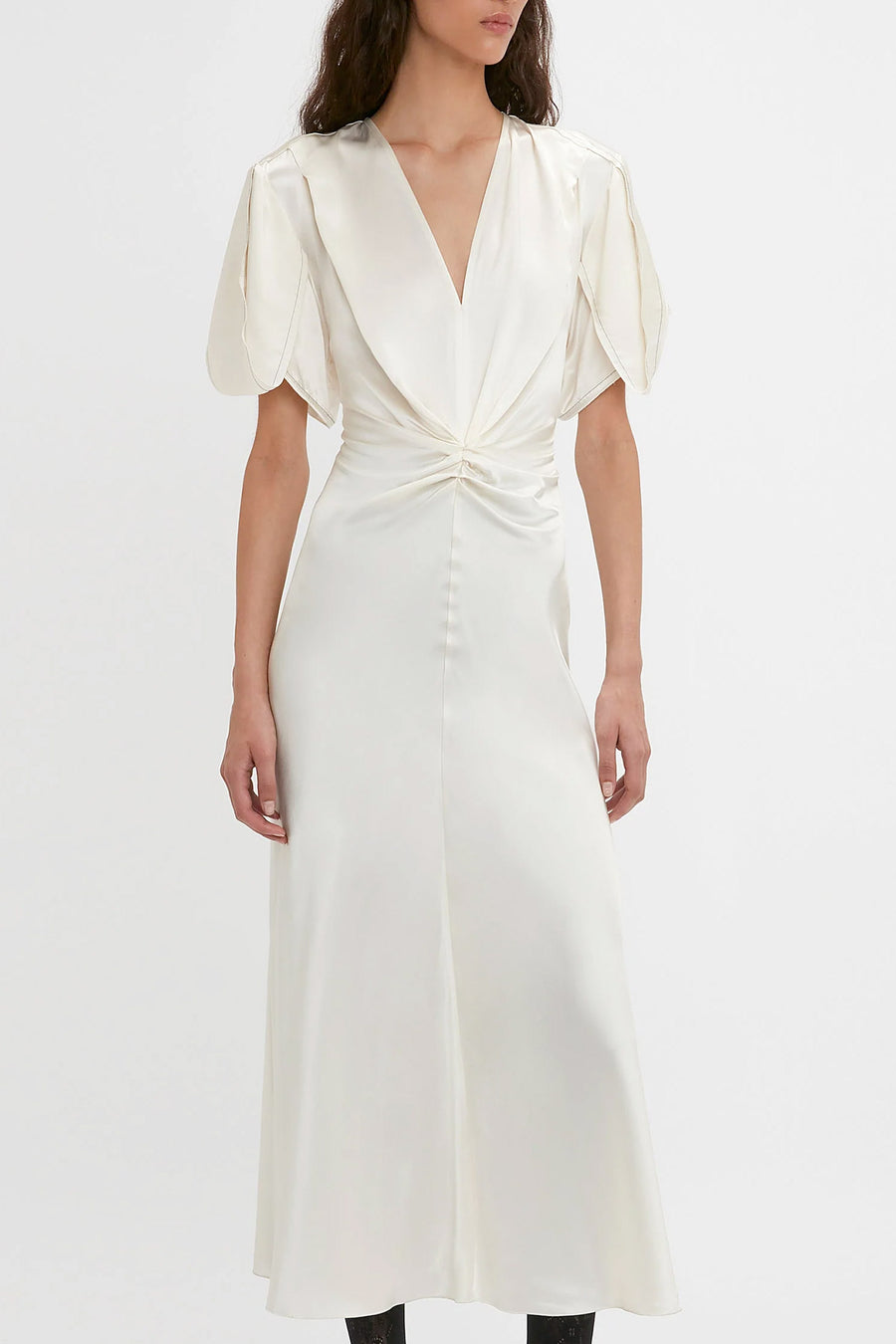 Victoria Beckham Ivory Gathered V Neck Midi Dress adorno limited Victoria Beckham Ivory Gathered V Neck Midi Dress adorno limited