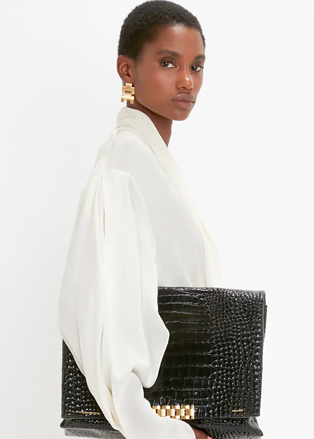 Victoria Beckham Jumbo Chain Pouch in Black Croc-Effect Leather