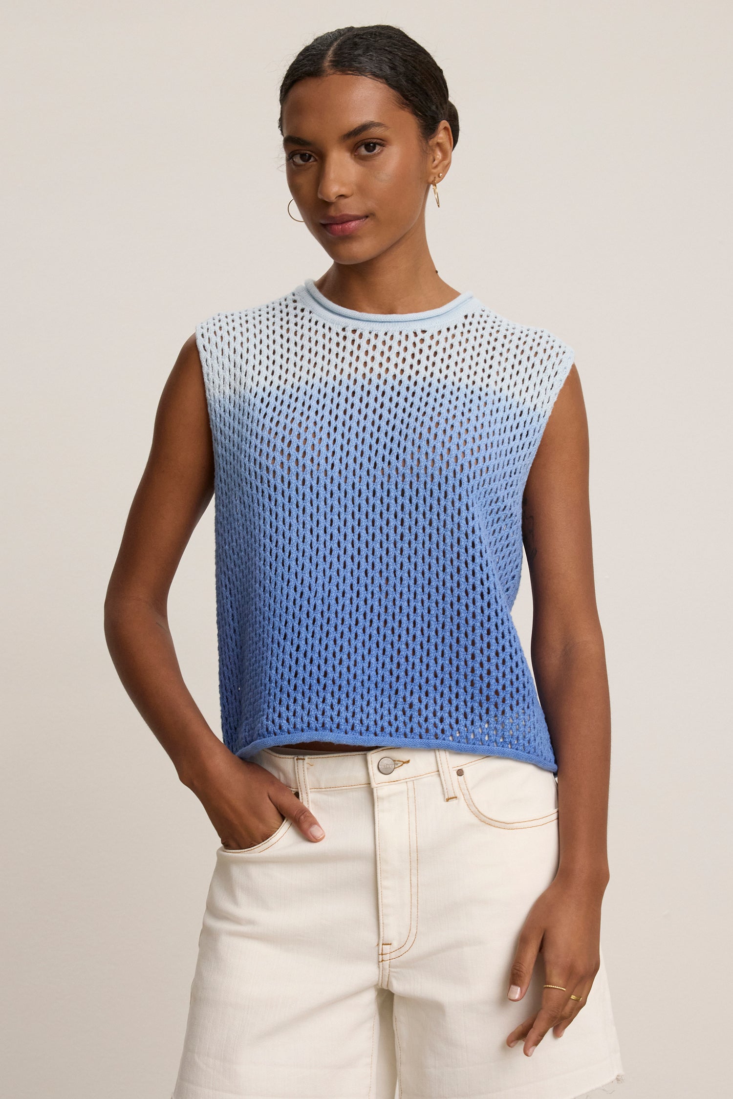 Nina Cotton Cashmere Mesh Sleeveless Crew Neck Sweater