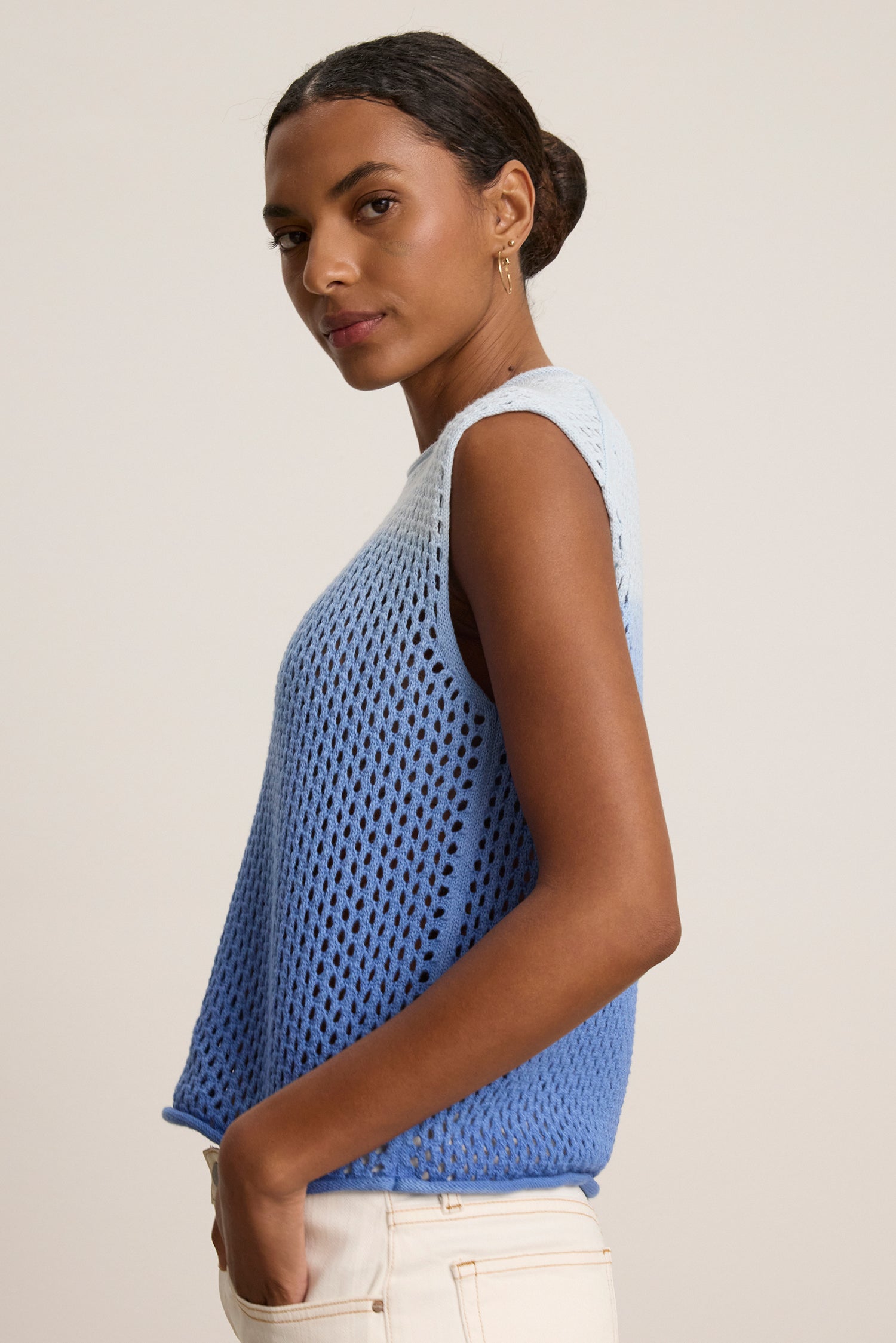 Nina Cotton Cashmere Mesh Sleeveless Crew Neck Sweater