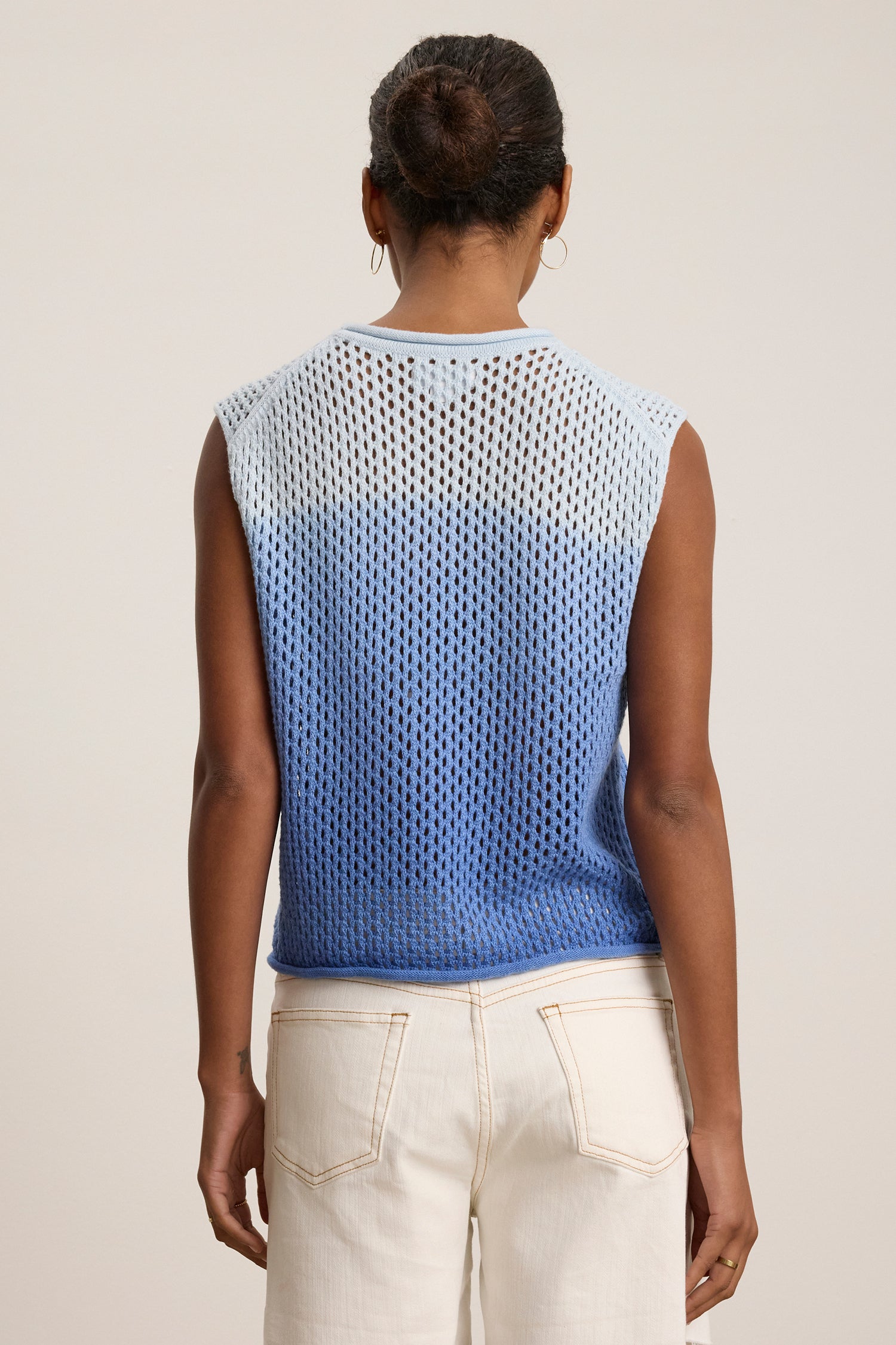 Nina Cotton Cashmere Mesh Sleeveless Crew Neck Sweater