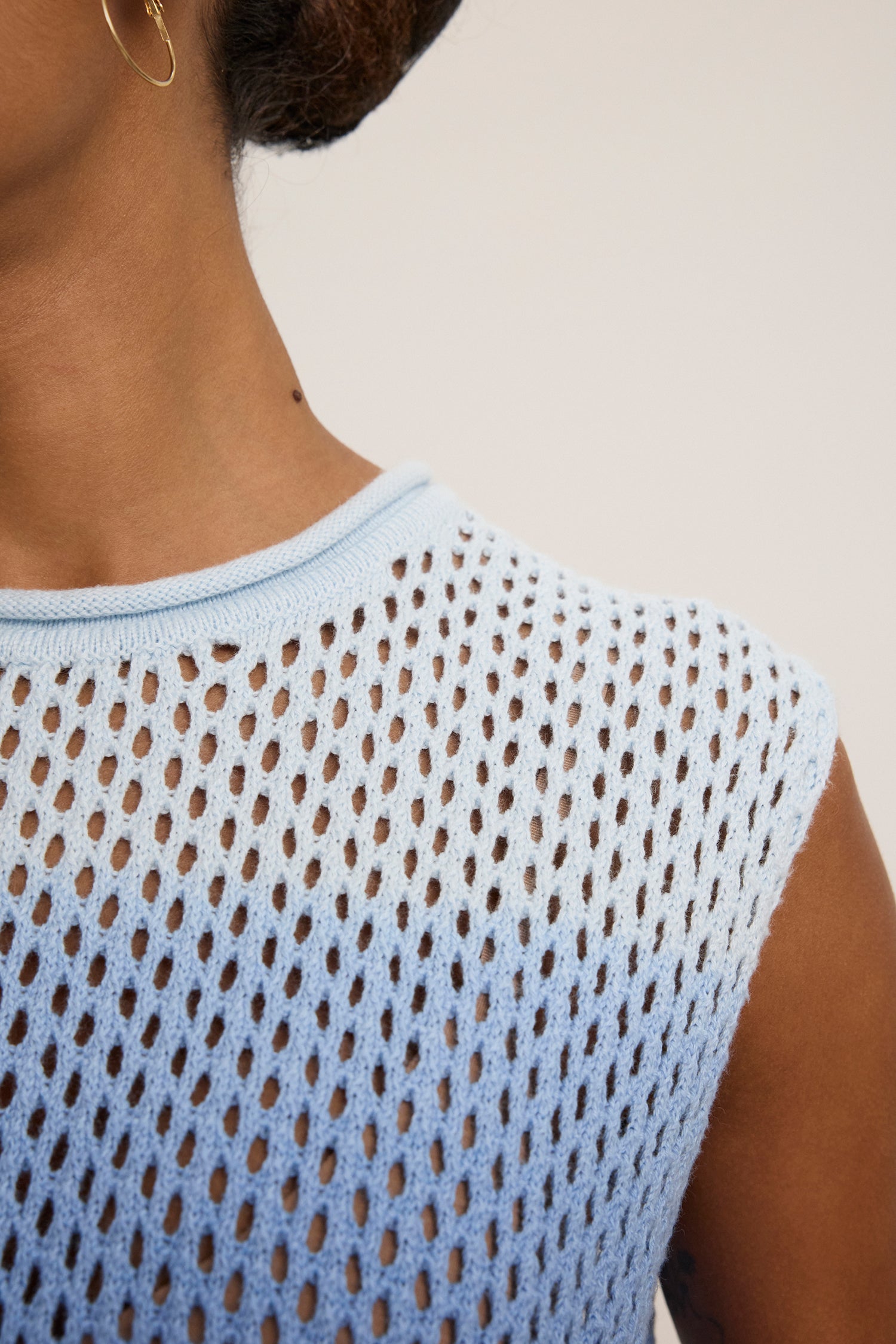 Nina Cotton Cashmere Mesh Sleeveless Crew Neck Sweater