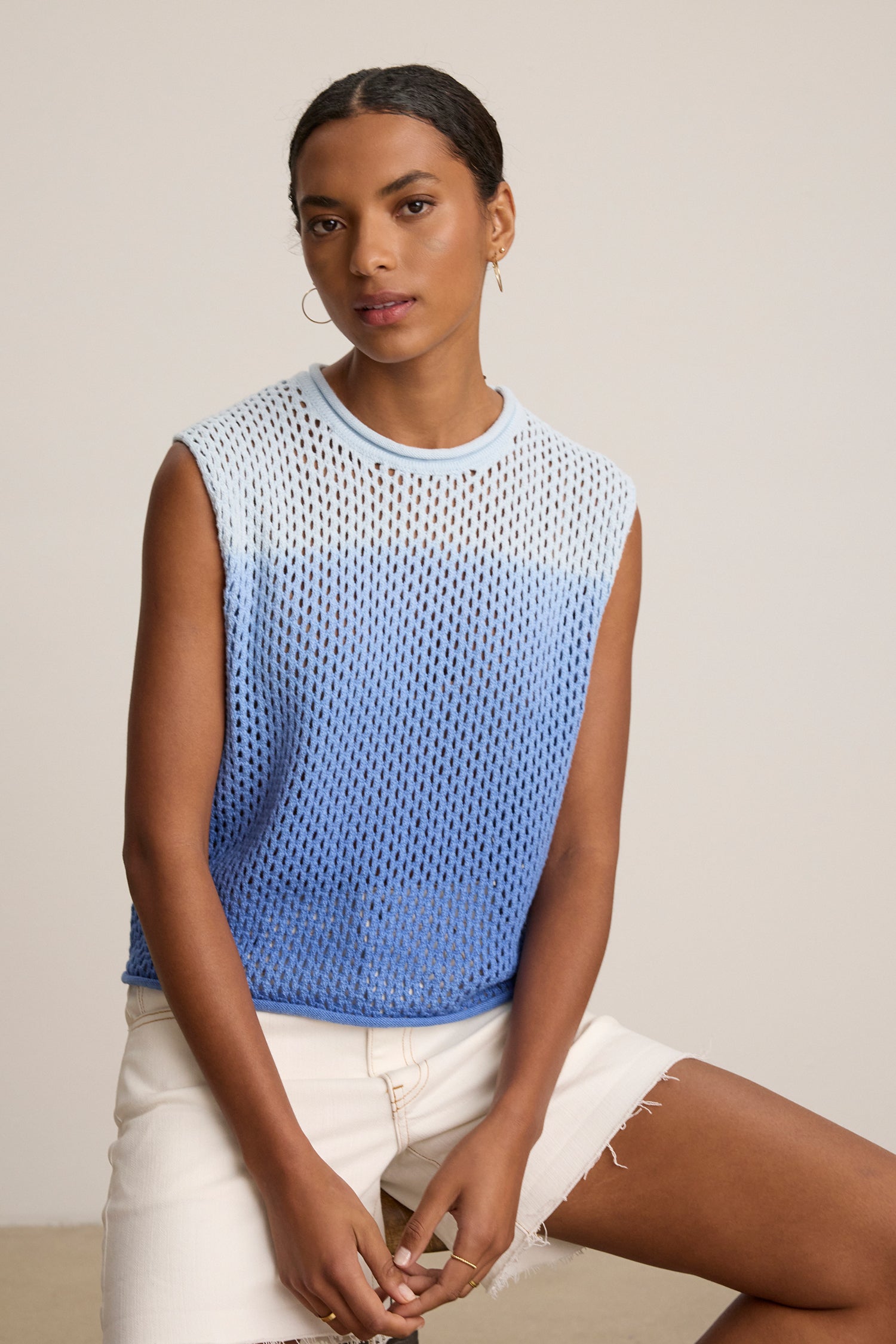 Nina Cotton Cashmere Mesh Sleeveless Crew Neck Sweater