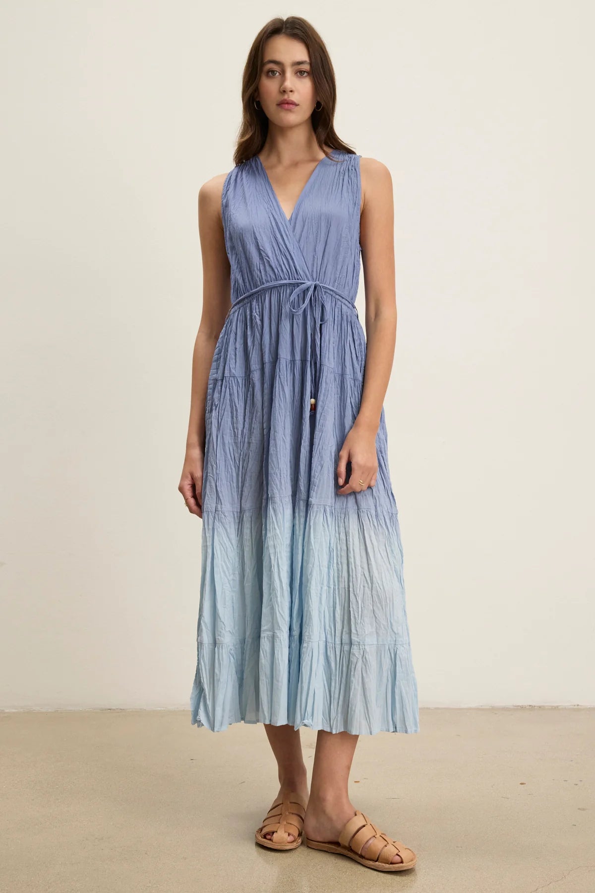 Marilyn Ombre Dip Dye Crinkle Cotton Voile Tiered Midi Dress