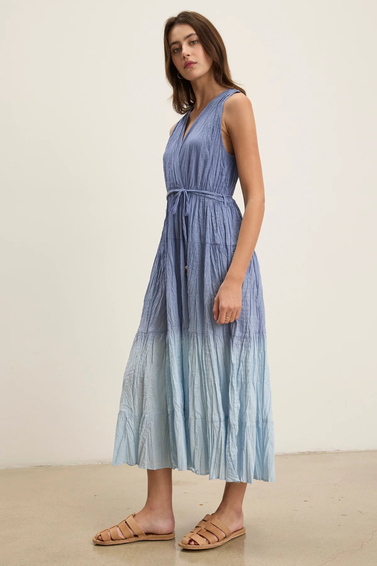 Marilyn Ombre Dip Dye Crinkle Cotton Voile Tiered Midi Dress