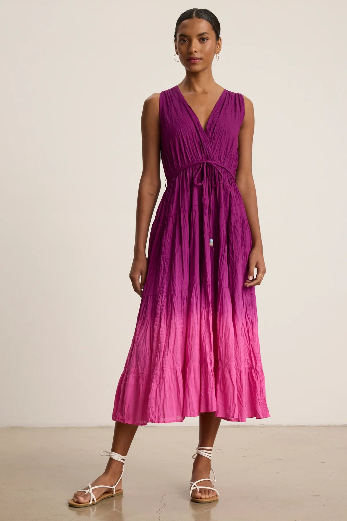 Marilyn Ombre Dip Dye Crinkle Cotton Voile Tiered Midi Dress