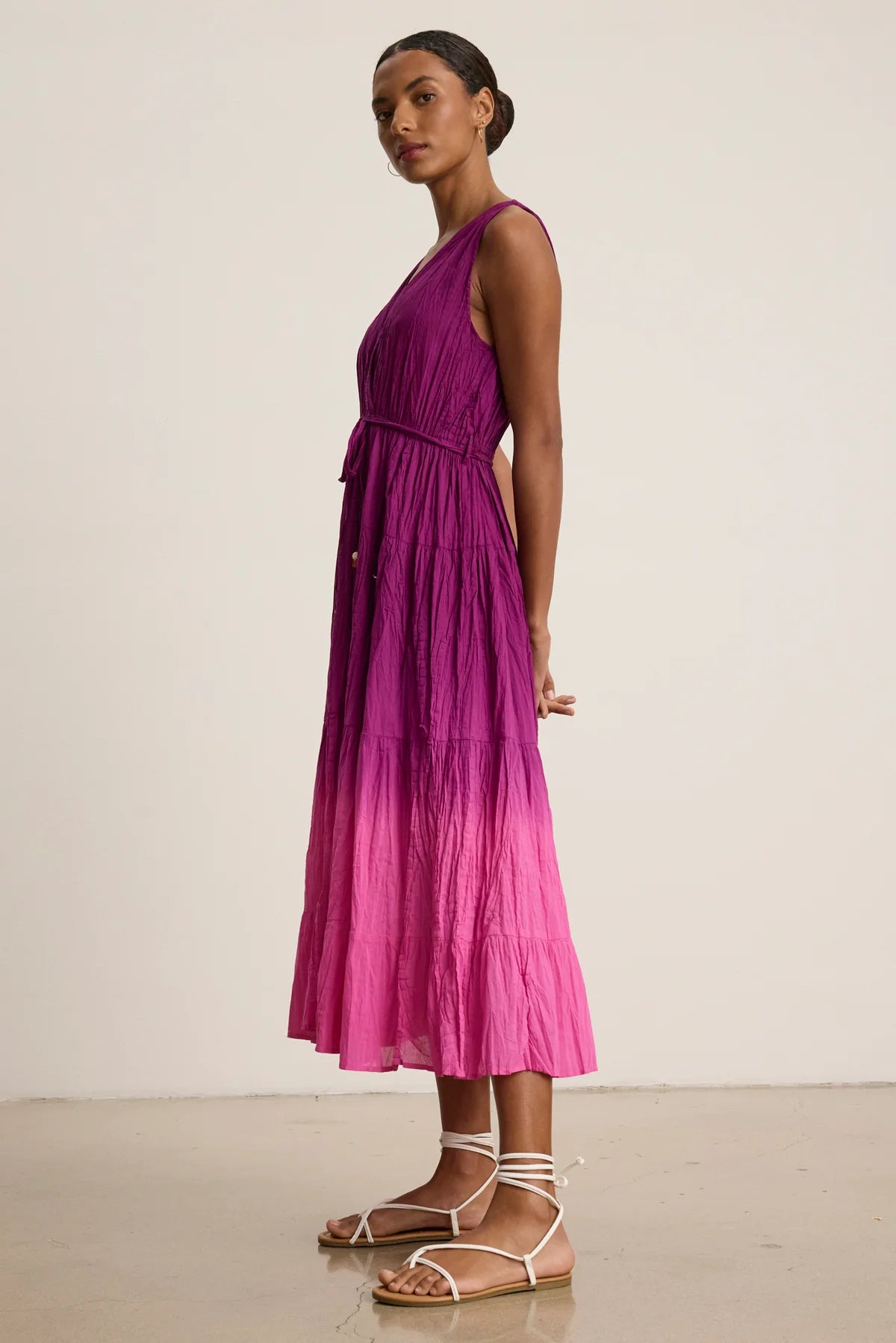 Marilyn Ombre Dip Dye Crinkle Cotton Voile Tiered Midi Dress