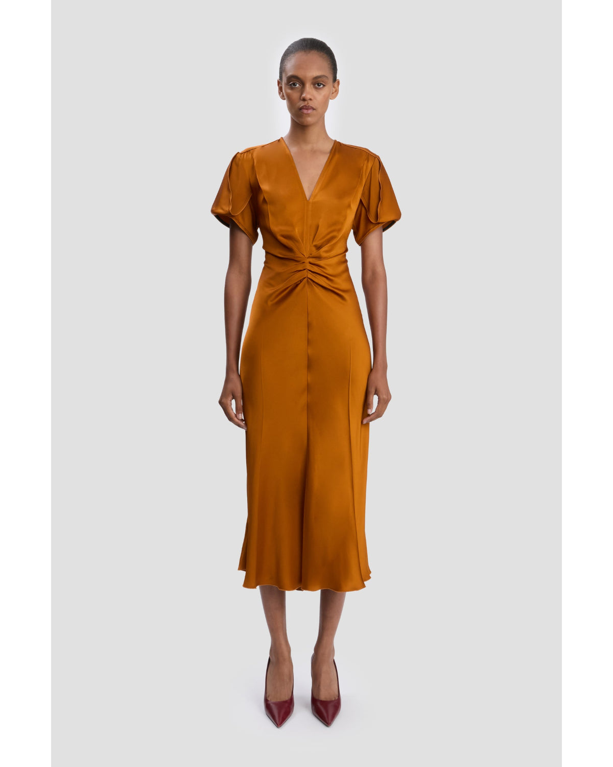 Victoria Beckham Eve V Neck Midi Dress Bronze