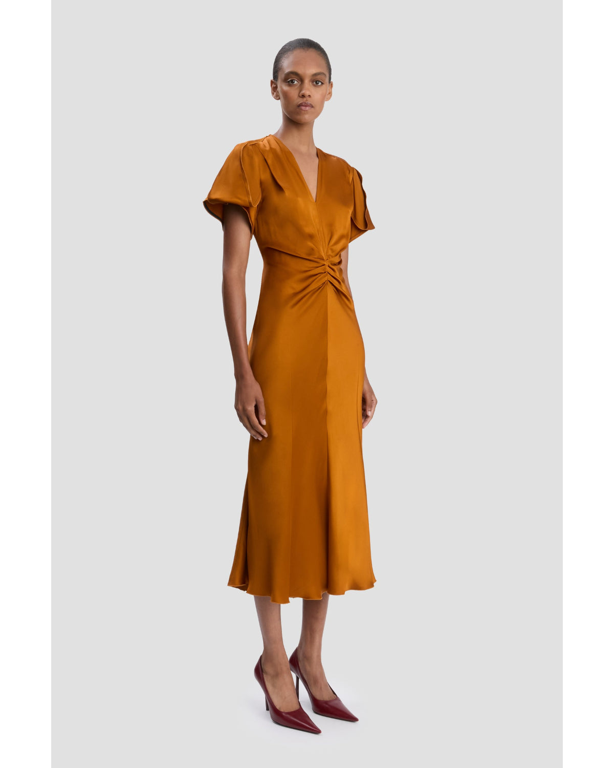 Victoria Beckham Eve V Neck Midi Dress Bronze
