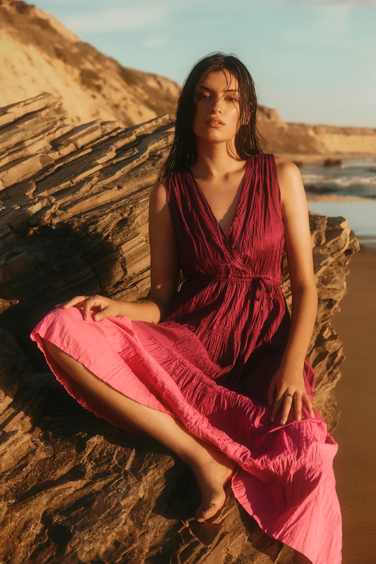 Marilyn Ombre Dip Dye Crinkle Cotton Voile Tiered Midi Dress